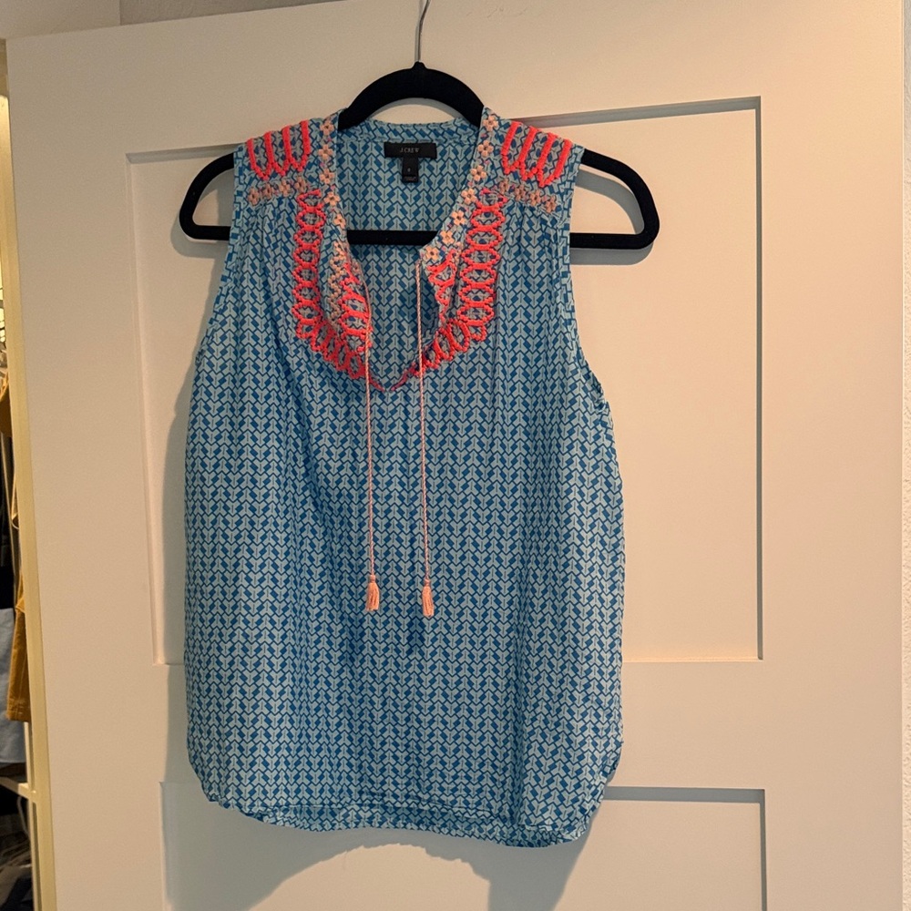 J. Crew Blue and Coral Sleeveless Embroidered Blouse